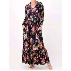TOLANI Collection MAXI Dress Navy Floral  Size XL Viscose Blend Tiered Soft
